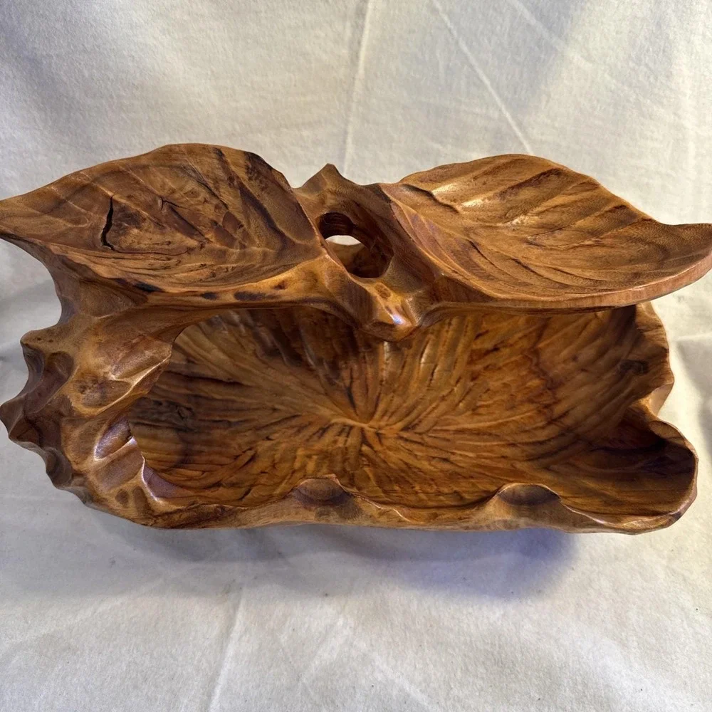 Vintage Midcentury Brutalist Hand Carved Burl Wood Bowl With Leaves Two Tier